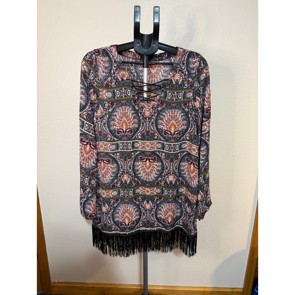 Blu Pepper Womens Paisley Fringe Lace Up Tunic Top Medium Boho Long Sleeve